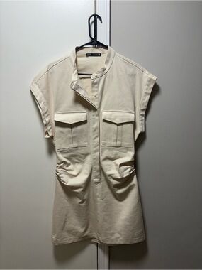 Zara Cream Utility Mini Dress with Front Pockets